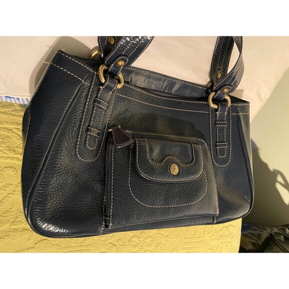 Perlina New York Navy Blue Faux Leather Shoulder Bag With Leopard Print Lining & - Picture 15 of 16